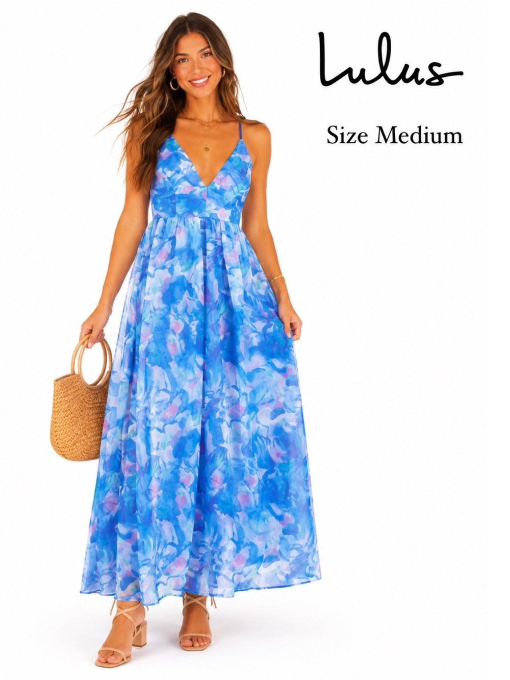 LULUS Blue Watercolor Chiffon Maxi Dress